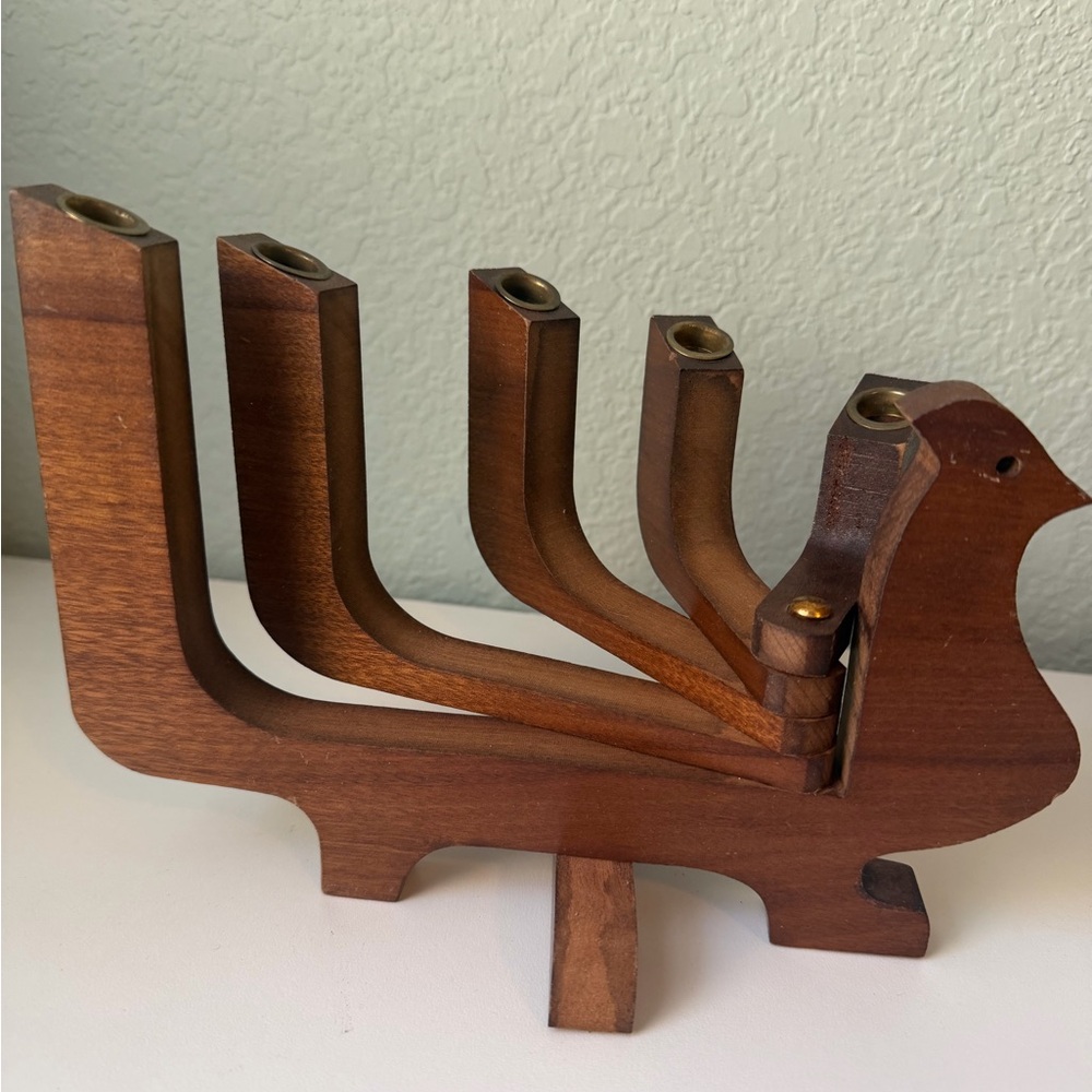 MCM Wood Peacock Bird 5 Arm Candle Holder Articulated Made in Taiwan